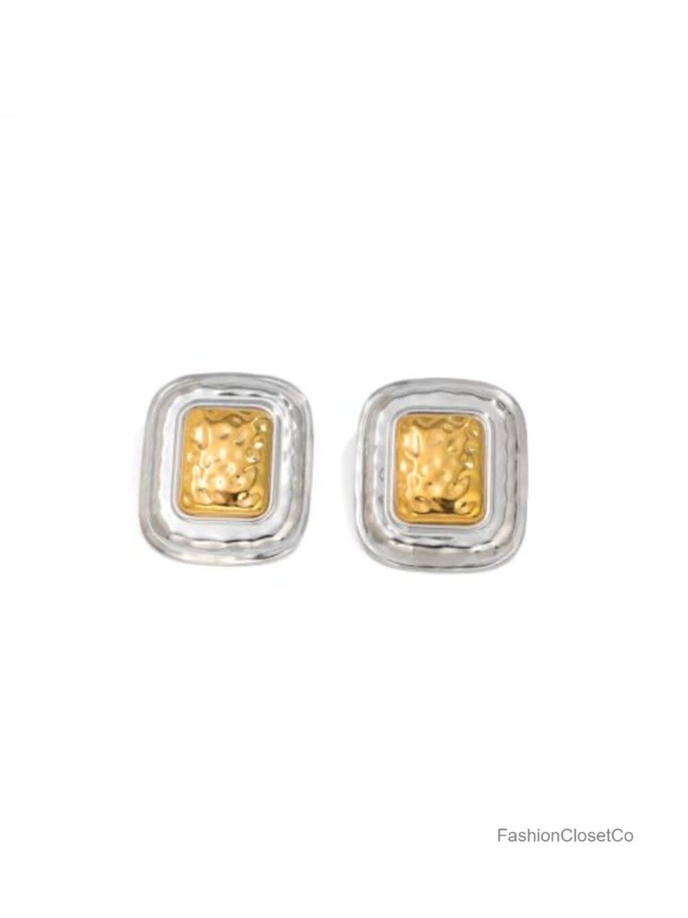 Two Tone Hammered Square Stud Earrings Stainless Steel